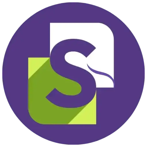 A purple circle containing a large "S" overlapping a white square and a green square with a long shadow, creating a layered and modern graphic logo.