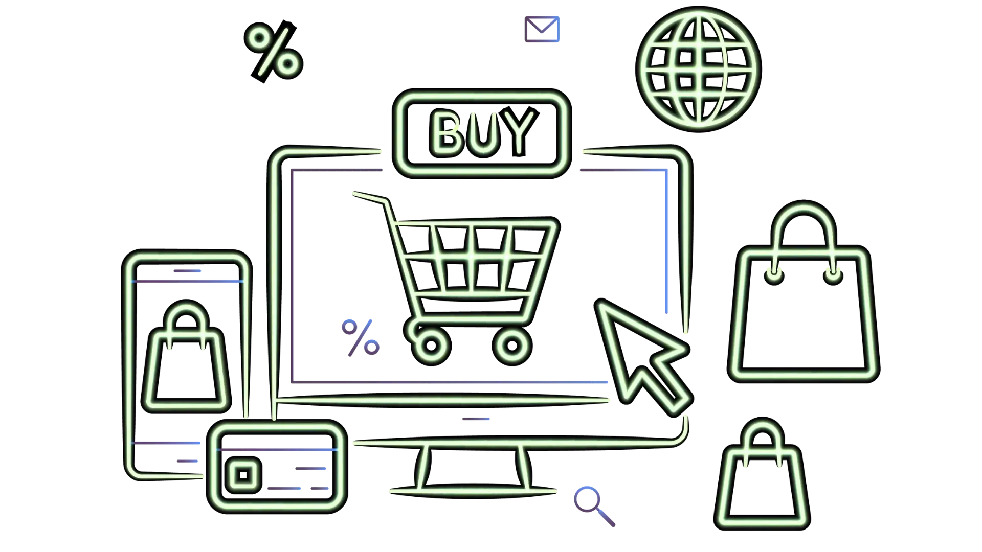 Neon icons of a shopping cart on a computer screen, mouse cursor, shopping bags, a credit card, globe, percent sign, and phone, representing online shopping and e-commerce on a black background.